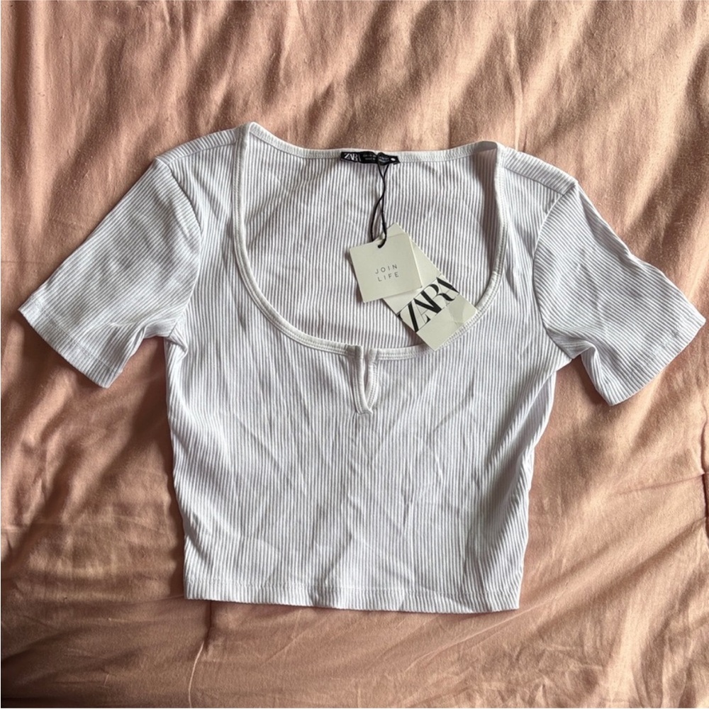 Zara Crop Top White Ribbed Short Sleeve Womens XS Extra small NEW WITH TAGS